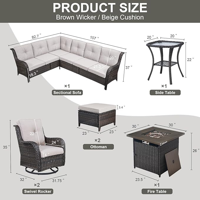 Belord Outdoor Sectional Furniture Sofa Set with Propane Fire Pit Table, Wicker Patio Conversation Set with 2 Swivel Rocker Glider Chairs Beige Cushion Perfect for Backyard Casual Gathering