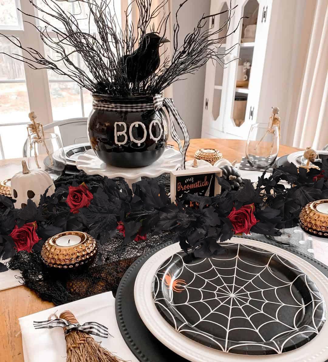 RECUTMS 2Pcs Black Fall Maple Leaf Garland with Red Roses 5.7Ft Fake Hanging Rose Vines Artificial Rose Flower Garland Black Halloween Wreath for Autumn Fireplace Indoor Outdoor Thanksgiving Decor