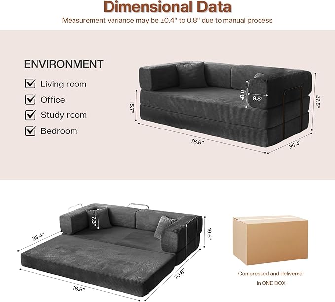Kelyda 79 Inch Convertible Sofa Bed Couch in Box, 5 in 1 Folding Modular Boneless Couch with Pull Out Bed 2 Pillows, Soft Corduroy Floor Futon Lounge Loveseat Sleeper Lazy Cama No Assembly Dark Grey