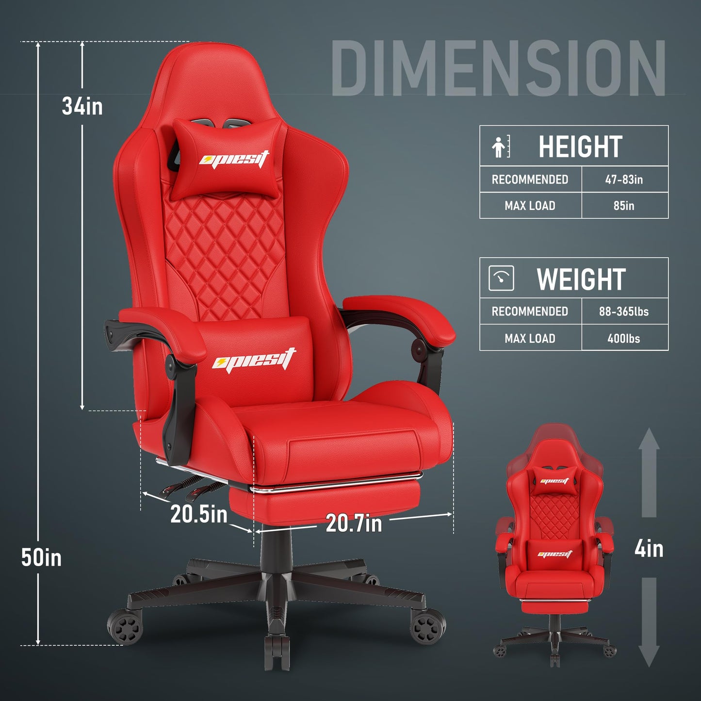 Opiesit Gaming Chair for Adults, Ergonomic Office Computer Chairs with Pocket Spring Cushion, PU Breathable Materials Video Game Chair, Linkage Armrest and Footrest Game Chairs Red