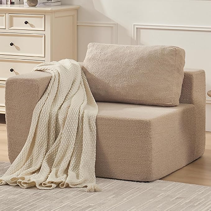 Furnify 40" Single Sofa for Adults, Upholstered Floor Sofa Couch with Pillow, Teddy Boucle Sofa for Bedroom Living Room, No Assembly Required (Teddy Boucle, Camel)