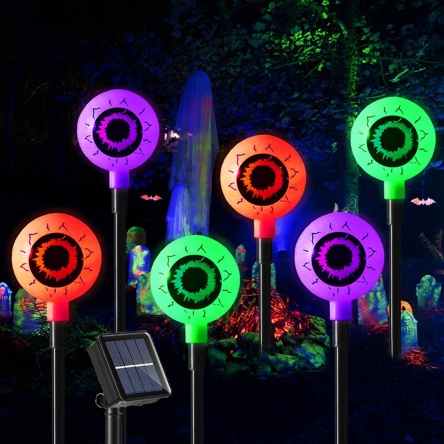 Outdoor Halloween Decorations Set of 6 Solar Garden Lights, Scary Eyeball Solar Landscape Pathway Stake Lights, 8 Modes Waterproof for Halloween Party Home Yard Patio Decorations