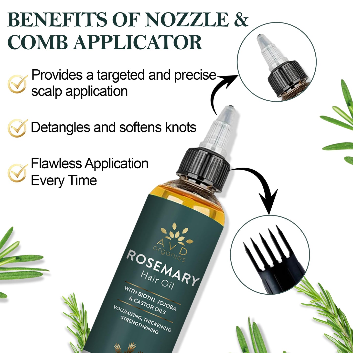 AVD ORGANICS Pure Rosemary Oil for Hair Growth (4.05 fl oz) Infused with Biotin Jojoba & castor Oil | Hair strengthening Treatment | Nourishing & Volumizing– Strengthening, | Non-GMO verified