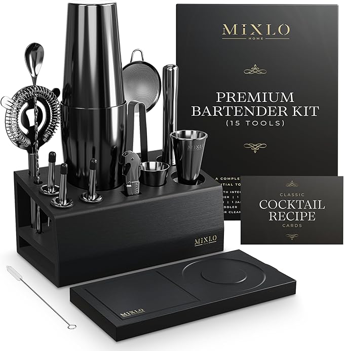 MIXLO HOME Mixology Bartender Kit - 15Pcs Bar Set Cocktail Shaker Set w Black Bar Cart Accessories Stand - Shakers Bartend...