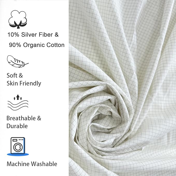 EMIKITS Grounding Sheets 90"x102" for Queen King Full CALI-King, Upgraded 10% Conductive Silver Fiber, 90% Organic Cotton for Improved Sleep, Square Grid White Grounded Bed Flat Sheet