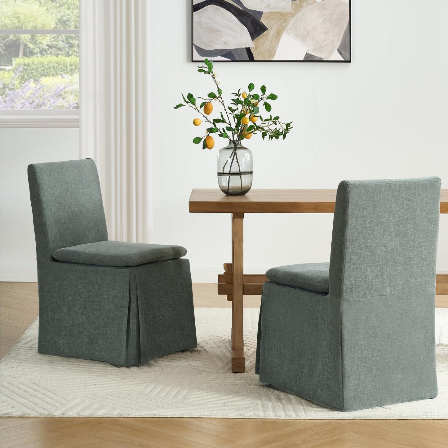 DAYALANE Farmhouse Slipcovered Dining Chairs Set of 4, Modern Upholstered Kitchen & Dining Room Chairs, Comfy Green Accent Armless Side Chair for Reading Room Kitchen Dining Room, Chenille