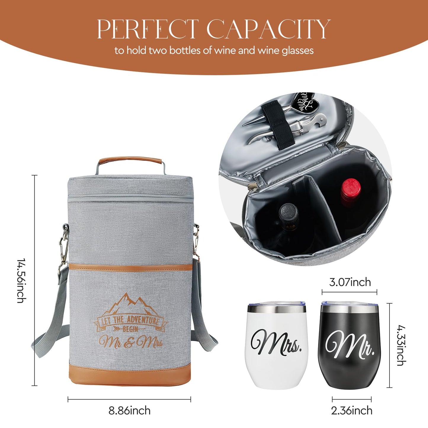 AW BRIDAL Engagement Gifts for Newlywed Couples 2025, Mr and Mrs Wine Gift Basket for Wedding Bridal Shower, Anniversary Insulated Wine Cooler Bag Tumblers with Accessorie Set for Beach Camping Travel