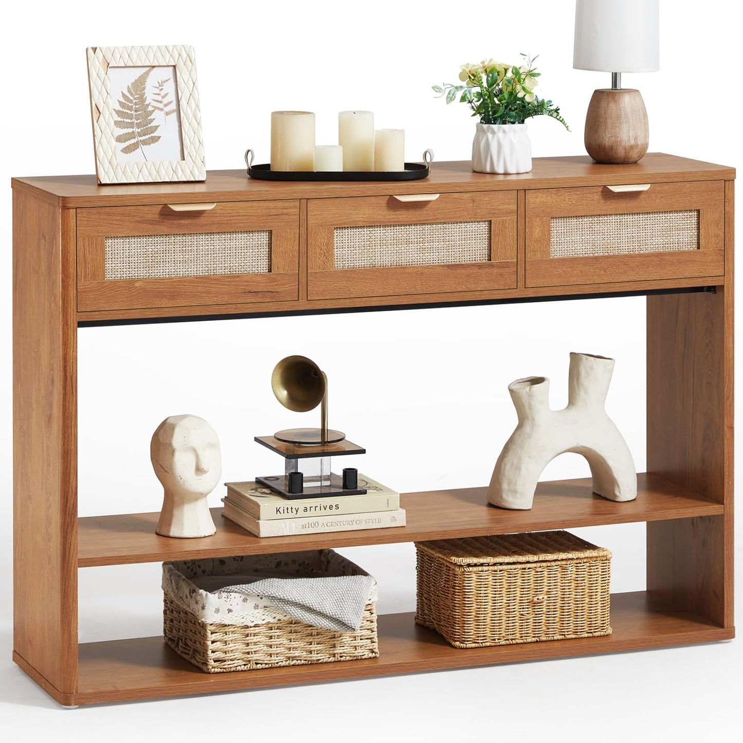 LEYAOYAO 48" Boho Rattan Console Table with 3 Drawers, 3 Tier Wooden Entryway Table with Open Storage Shelf, Narrow Long Behind Couch Sofa Tables for Living Room, Hallway, Entrance, Brown