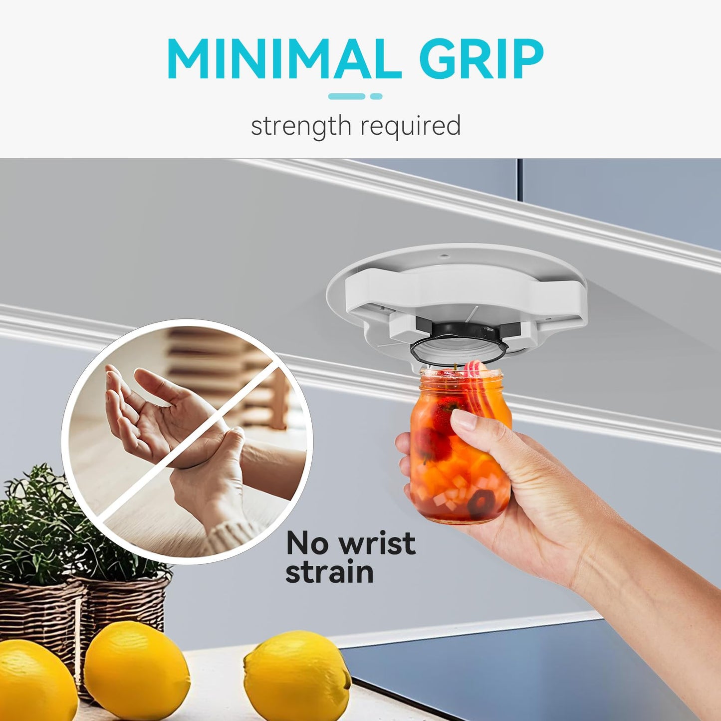 Banyaa Jar Opener Bottle Opener for Seniors with Arthritis - Under Cabinet Jar Opener for Weak Hands, Rotary Lid Opener, Easy Twist-Off Lids for Jars & Bottles, Original Kitchen Gadgets (White)
