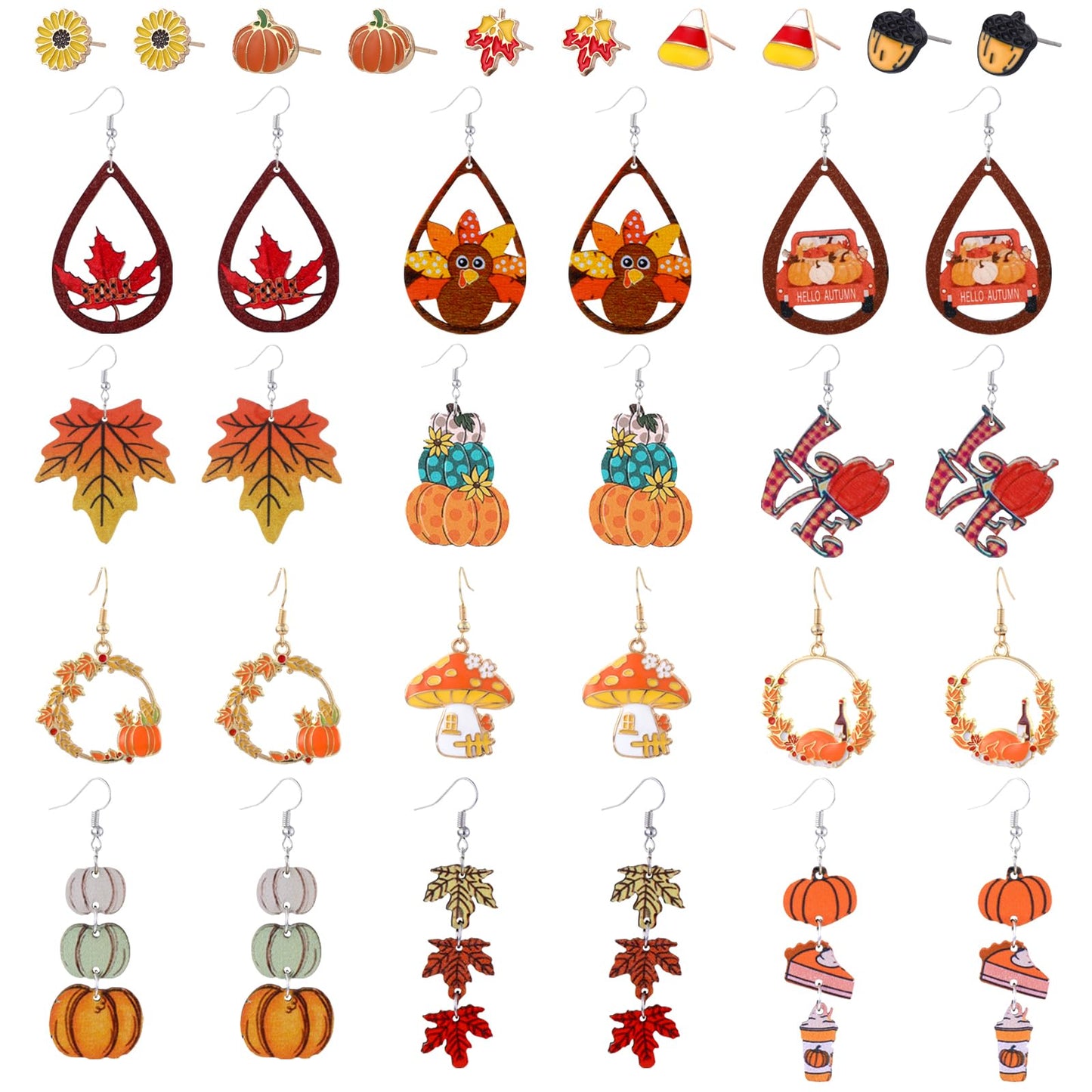 JOICEE 34 PCS Fall Thanksgiving Earrings Set,Autumn Earrings Set Pumpkin Turkey Maple Leaf Sunflower Wooden Dangle Earrings Stud