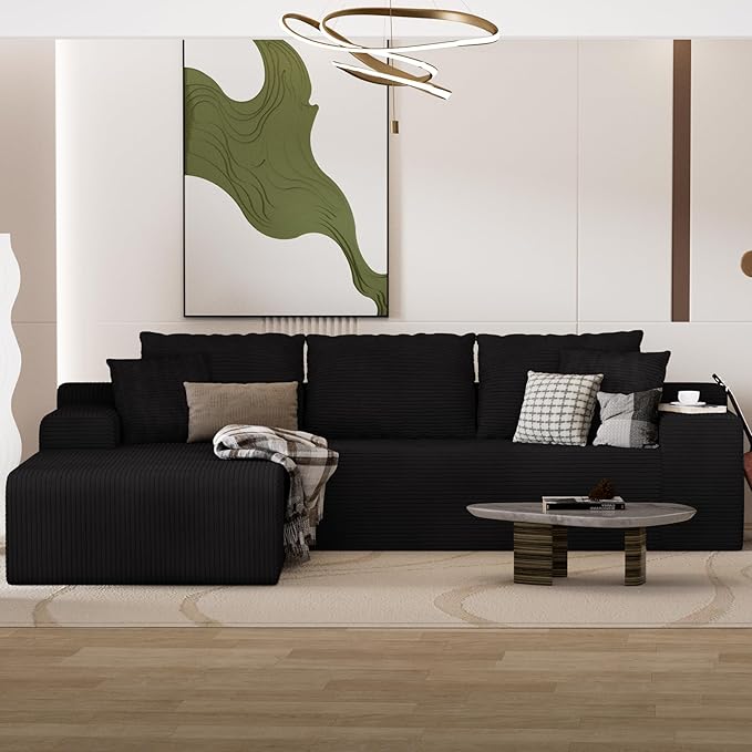 NAYA 106” Modular Sectional Sofa, Cloud Sectional Couch with Deep Seat, Modern Modular L-Shape Sofa Boneless Couch with Chaise for Living Room Bedroom (Black, Sectional Sofa with Left Facing Chaise)