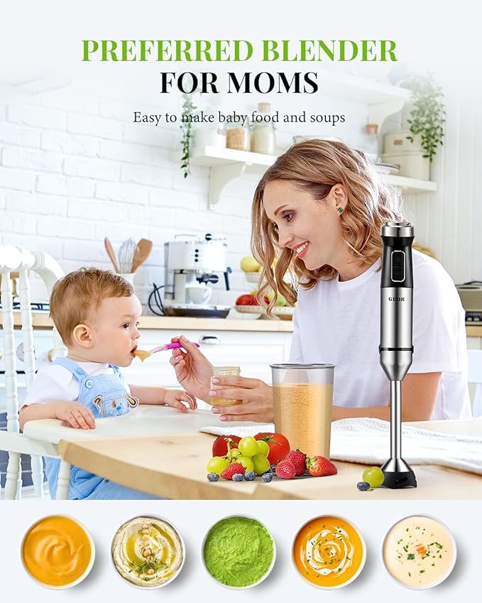 GDOR 7-in-1 Immersion Hand Blender, 1000W Scratch Resistance Handheld Blender with 20-Speed & Turbo Mode, Powerful Hand Mixer with Dough Hooks, Egg Beaters, Whisk, Beaker, Chopper and Titanium Blades