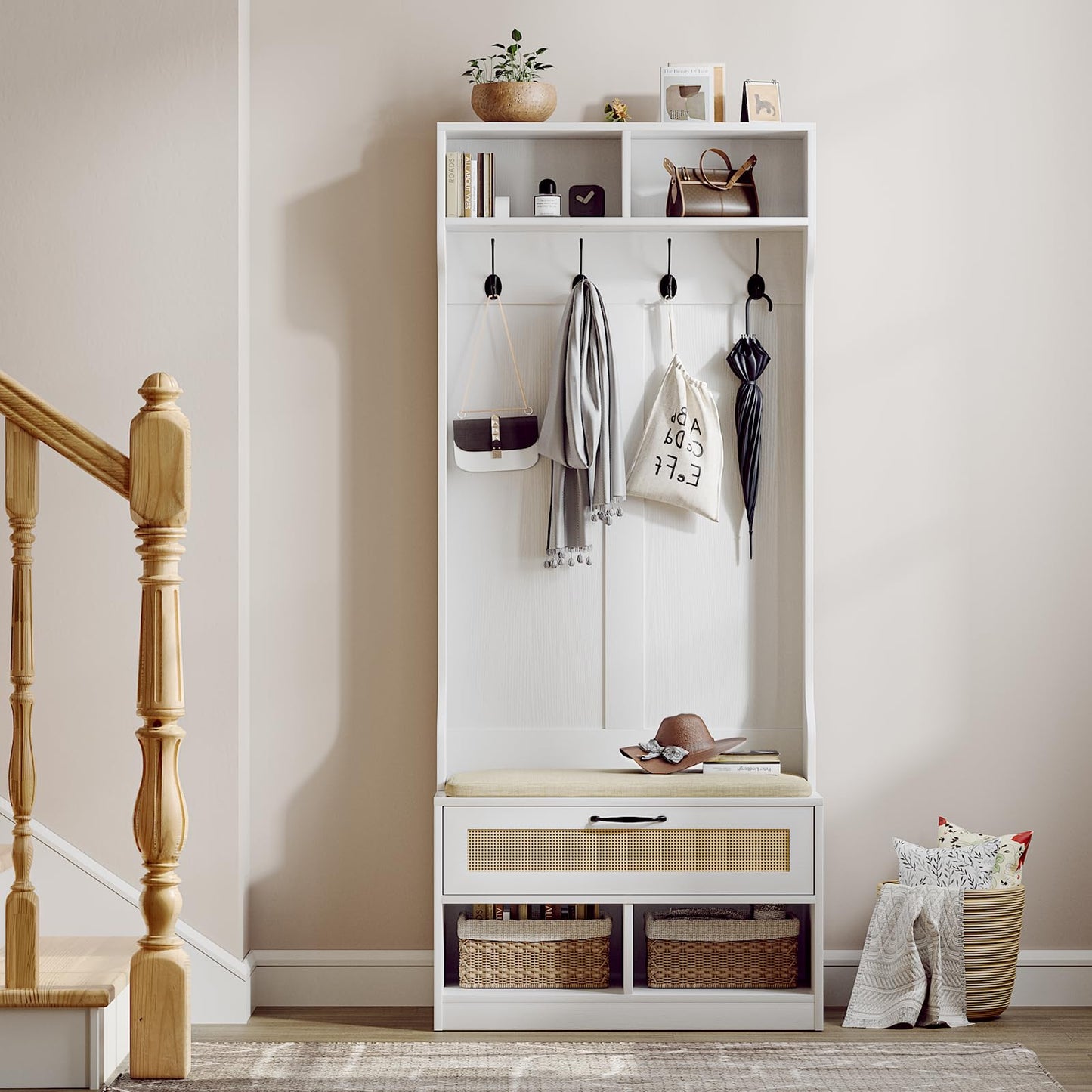 Skokliz Hall Tree with Bench & Shoe Storage - Entryway Coat Rack with 6 Compartments, 4 Hooks & Rattan Door, Soft Cushion Shoe Bench for Hallway, Living Room & Mudroom, White