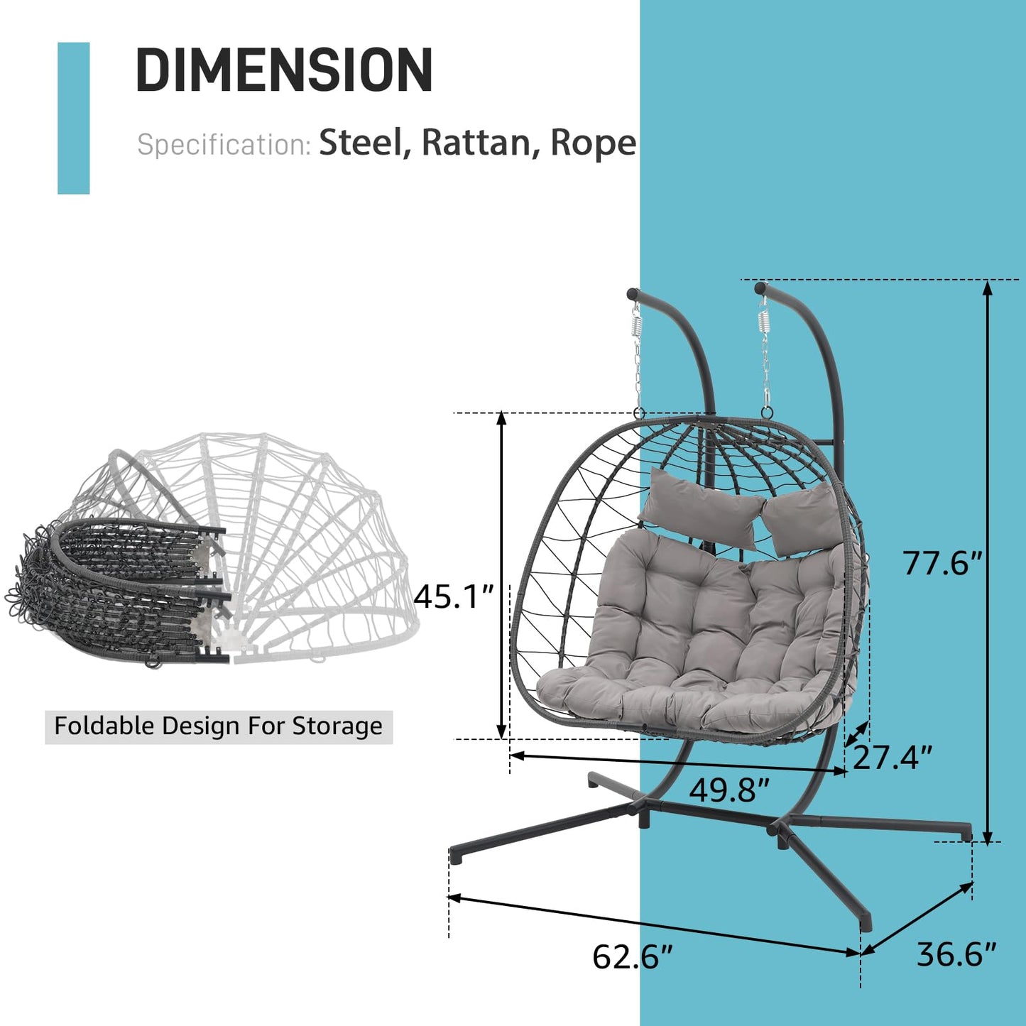 Patiorama 2 Person Double Egg Swing Chair with Stand Indoor Outdoor, Patio Wicker Rattan Hanging Egg Chair w/Cushion, Pillow, Foldable Hammock Chair 550lbs for Bedroom, Balcony, Garden (Light Grey)