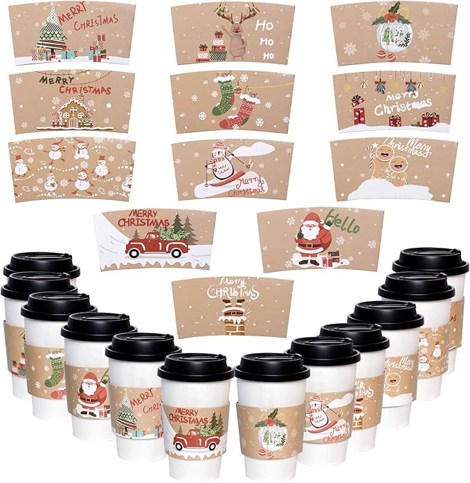 Hmxpls 24 Packs Christmas Santa Coffee Cups Sleeves, Disposable Hot Chocolate Cocoa Cup Sleeves for 12oz 16oz Hot Drinks &...