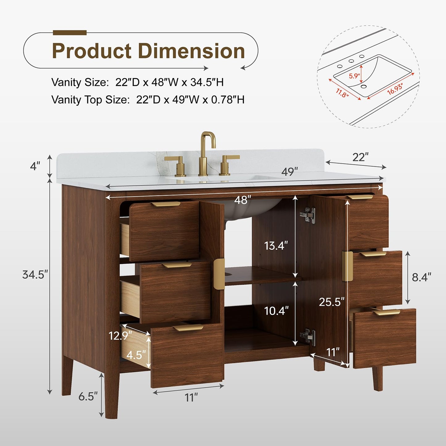 DELUXE LIVING 48 Inch Walnut Bathroom Vanity with Sink, Fully Assembled Solid Wood Bathroom Vanities with Soft Close Parquet Doors, Full Extension Dovetail Drawers, Calacatta Quartz Top & Backsplash