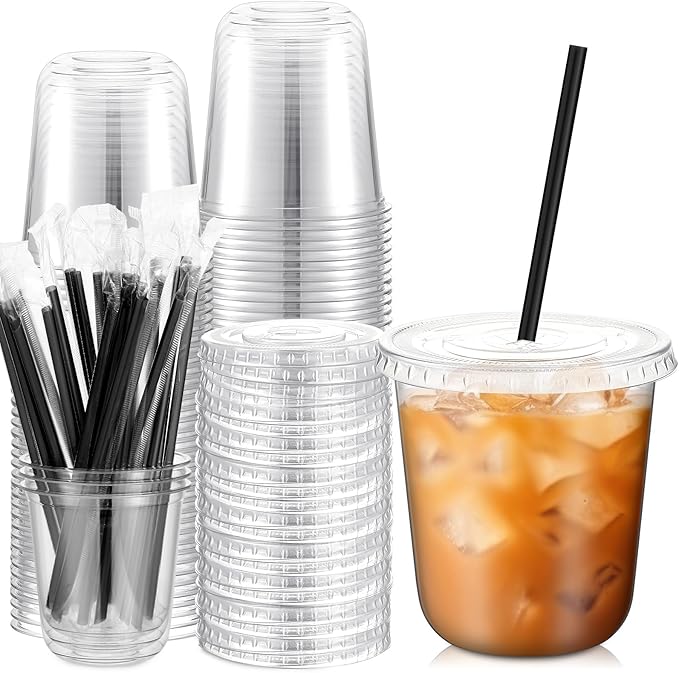 Ziliny 25 Set 12 oz Clear Plastic Cups with Lids and Straws, Disposable Iced Coffee PET Cups for Drinking Cold Beverage Ju...