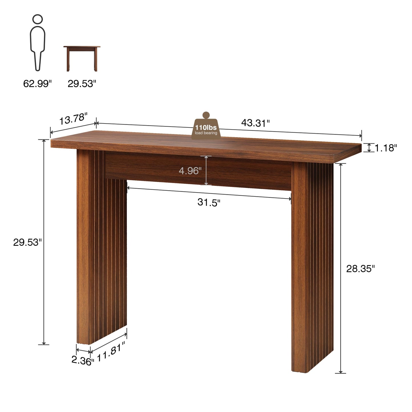 AVZEAR Mid Century Narrow Entryway Console Table, 43.3" Fluted Wood Couch Table Behind Sofa Long and Skinny for Living Room Hallway Entrance Foyer, Walnut