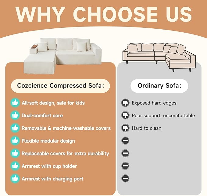 Modular Sectional Sofa Cloud Couch with Multi-Functional Armrests, Boneless Plush L-Shape Living Room Couch with Deep Seat, Fluffy Comfy Sleeper Sofa Easy Assembly (Beige, Right Chaise)
