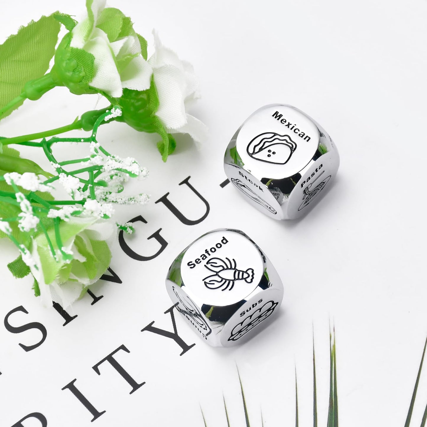Stocking Stuffers for Men Women Adults for Him Her Couple Gifts for Boyfriend Girlfriend Wife Husband Anniversary 2PCS-Steel Food Decision Dice White Elephant Gifts