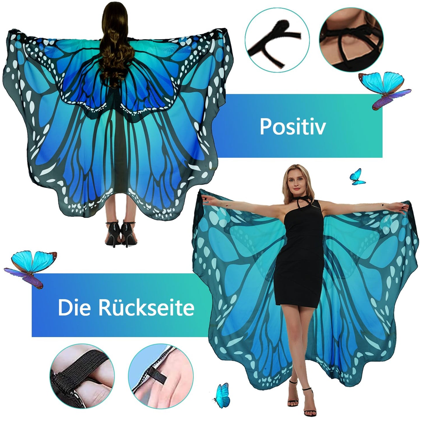 Sunlisky Halloween Costumes for Women Adult Double-Sided Butterfly Costumes Wing Cape Shawl 3Pcs（Green & Blue）