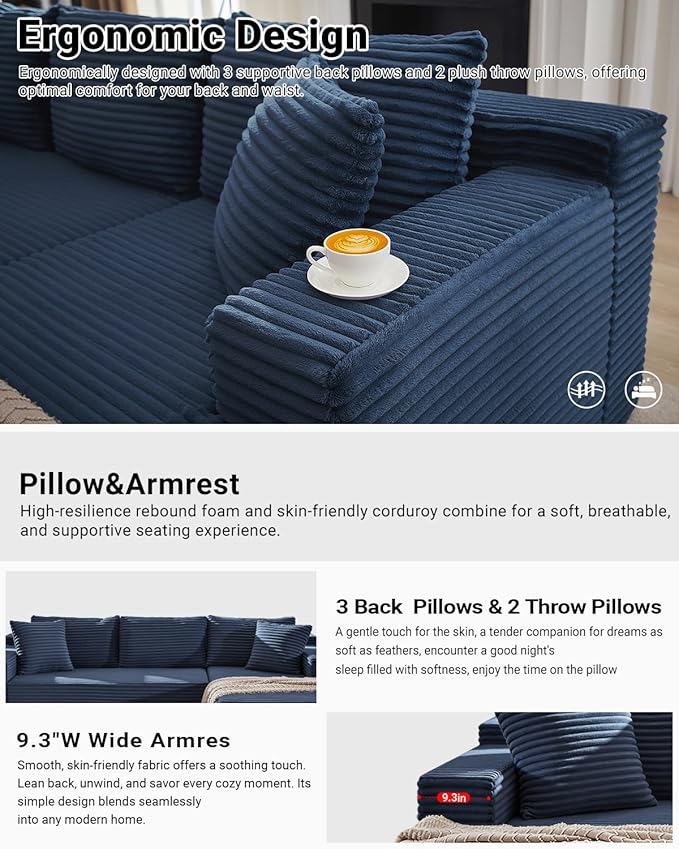105 Inch Modular Sectional Sofa,Modern Cloud Sectional Couch with Deep Seat,Corduroy Boneless Couches with L-Shape Chaise for Living Room Bedroom,No Assembly Required (Blue, Right Facing Chaise)