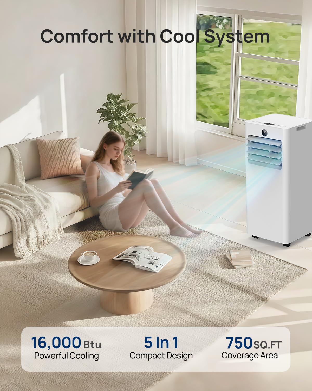 Portable Air Conditioners 16,000 Btu 5-in-1 Smart WiFi AC Unit with APP for Large Rooms up to 750 Sq.Ft, Fast Cooling, Dehumidifier, Fan, Quiet 36dB Sleep Mode 24H, Window Kits for Bedroom Home Office