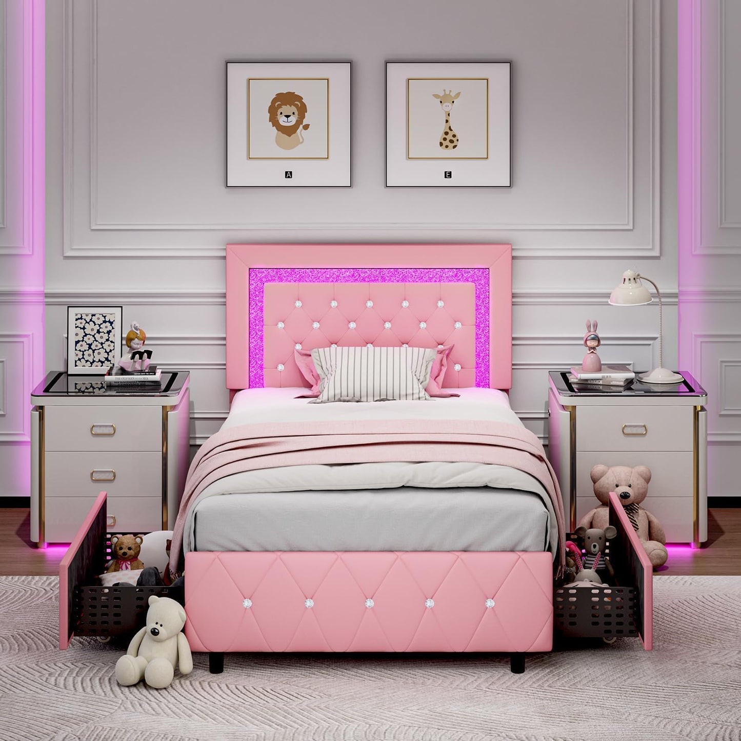 Twin Bed Frames with LED Lights and Storage Drawers, Upholstered Platform Bed with Diamond Headboard, Faux Leather Princess Platform Bed, No Box Spring Needed, Easy Assembly, Pink
