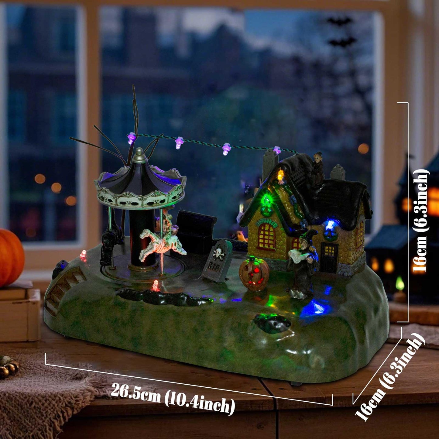 Animated Halloween Carousel Village House, LED Spooky Festival Display Collection Battery Operate, Indoor Use only