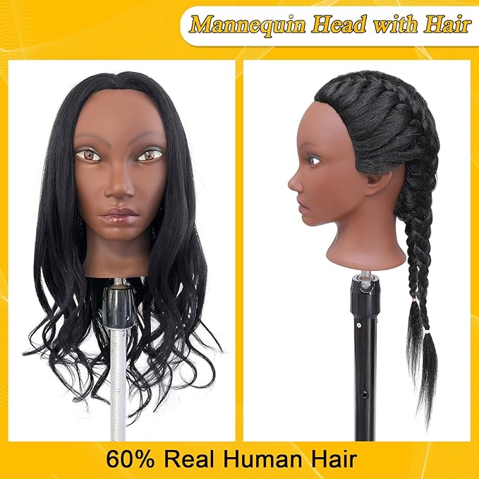 Mannequin Head Human Hair for Cosmetology, Manikin Head with 80% Real Hair for Styling Doll Head Braiding Practice Black Mannequin Heads Hairdresser Hairstylist Kids with Free Clamp Holder