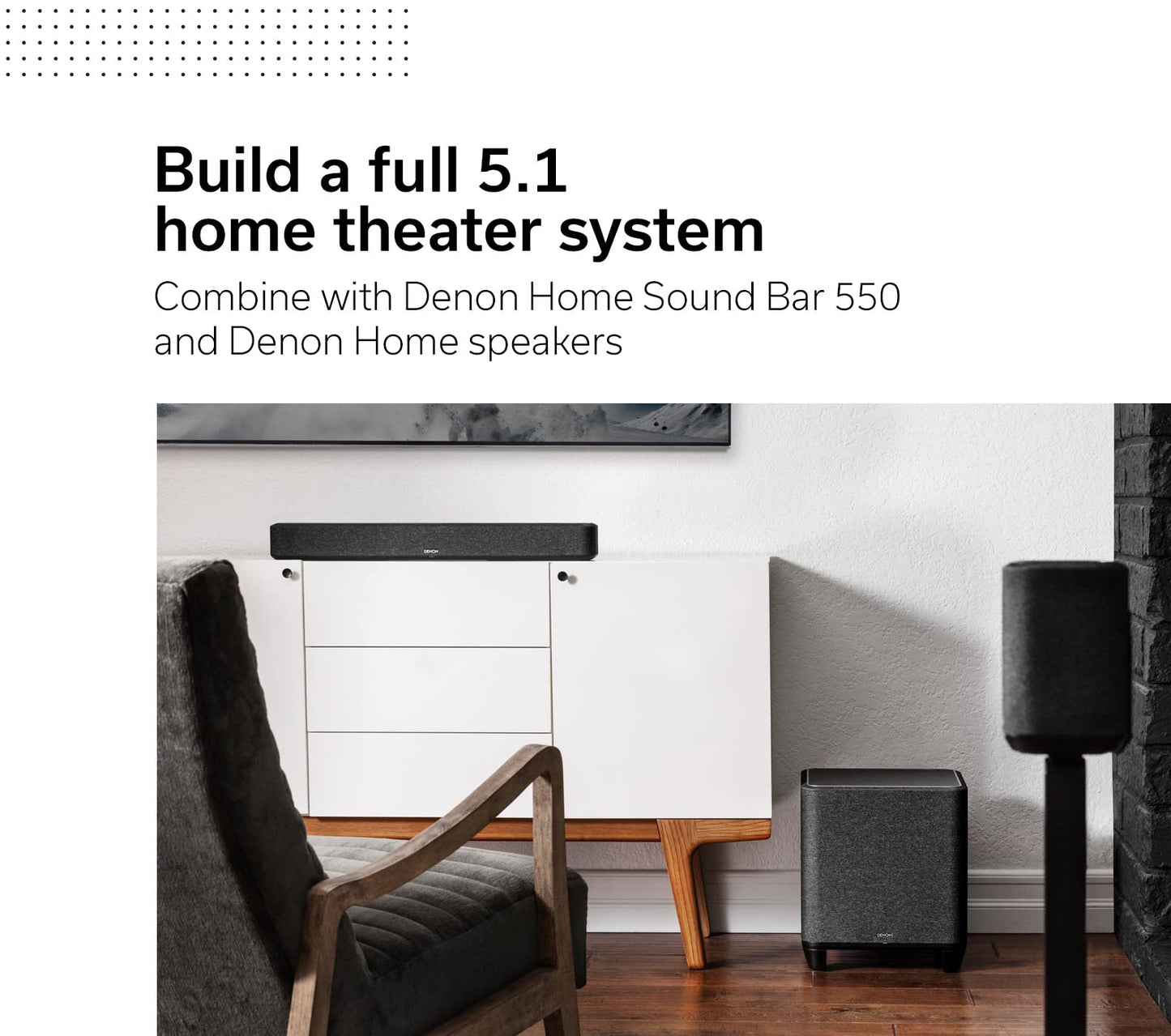 Denon Home Subwoofer – Home Theater Subwoofer with Deep, Powerful Bass, 8" Bass-Reflex Woofer, Wireless Streaming, Pair 150/250/350 Speakers & Sound Bar, Multi-Room Support, Black