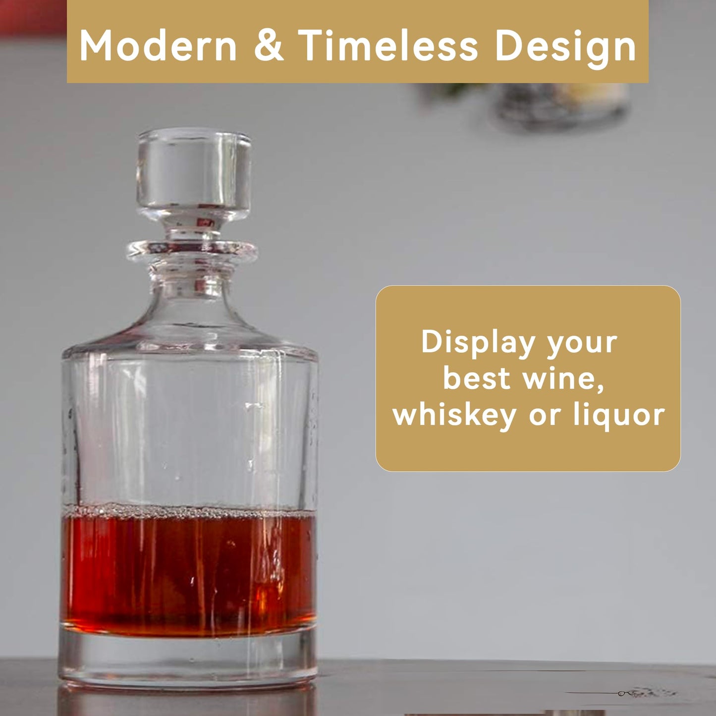 Lily's Home Glass Decanter for Whiskey, Bourbon, Brandy, Wine or Any Other Liquor or Beverage. With a Glass Stopper. Round, Stylish and Functional Piece (26 Ounces) Clear