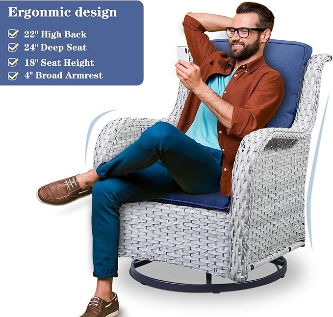 Belord Wicker Patio Furniture Sets - 8 Piece Outdoor Rattan Furniture Conversation Sets with 4 Swivel Rocker Chairs, Rattan Sofa, Wicker Ottomans and Coffee Table, Light Grey/Blue
