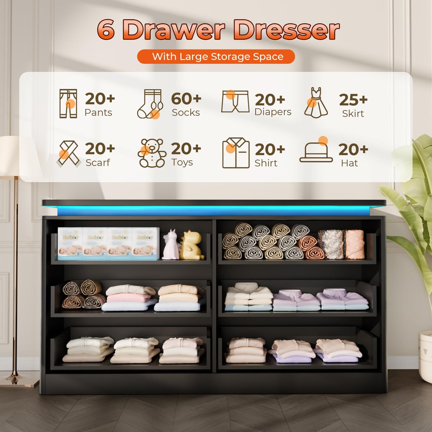 Upgraded 6 Drawer Black Dresser for Bedroom, 47.2" Long Chest of Drawers with Charging Station & LED Lights, Wooden Storage Cabinet Dresser for Closet,Modern TV Stand with Deep Drawers