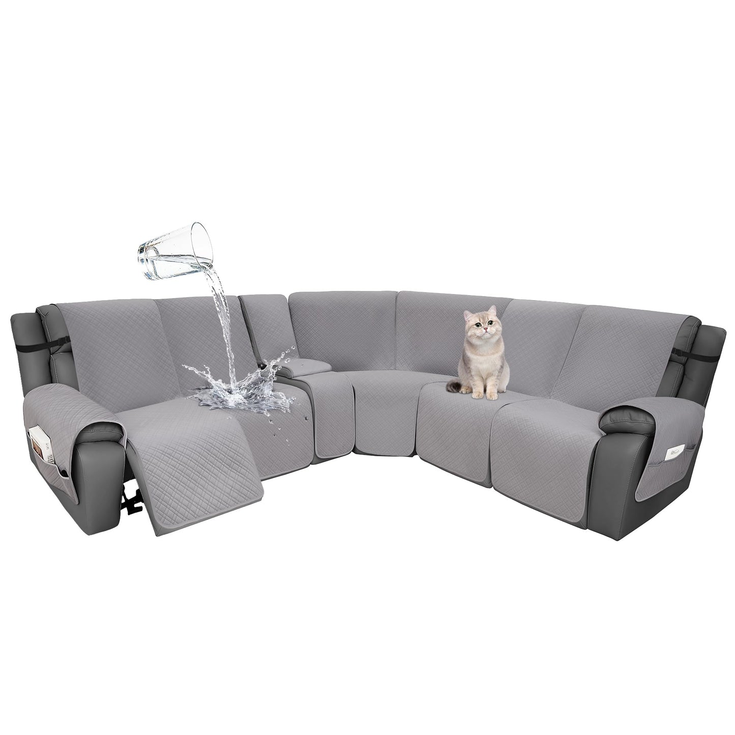YUEVELLA Velvet 1OO% Waterproof Reclining Sectional Couch Covers for Sectional Sofa L Shape 8-Piece Quilted Corner Recliner Sofa Cover Slipcovers Set Washable (5 Seater with 1 Console, Silvery Grey)