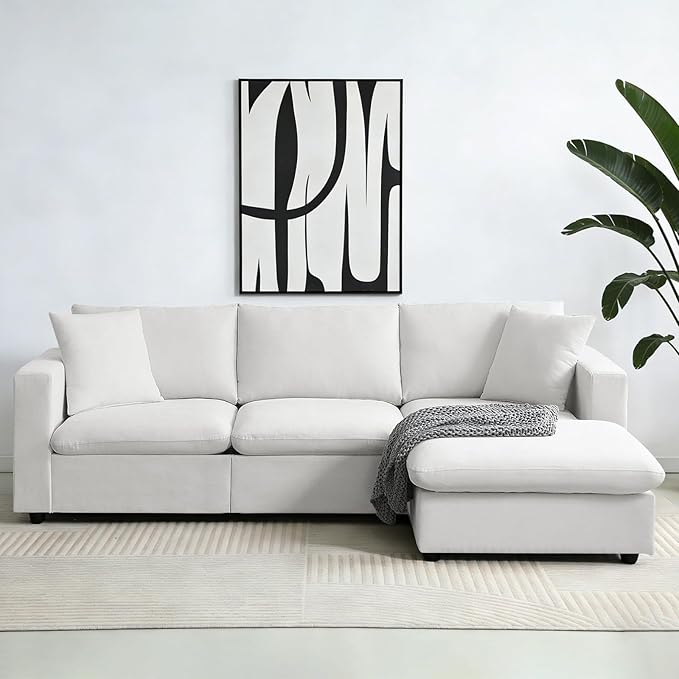 KIVENJAJA White Cloud Couch for Living Room Apartment Small Spaces, Linen L Shaped Modular Sectional Sofa with Convertible Ottoman Chaise, Modern Minimalist, Metal Frame, 100.4" W 3 Seater