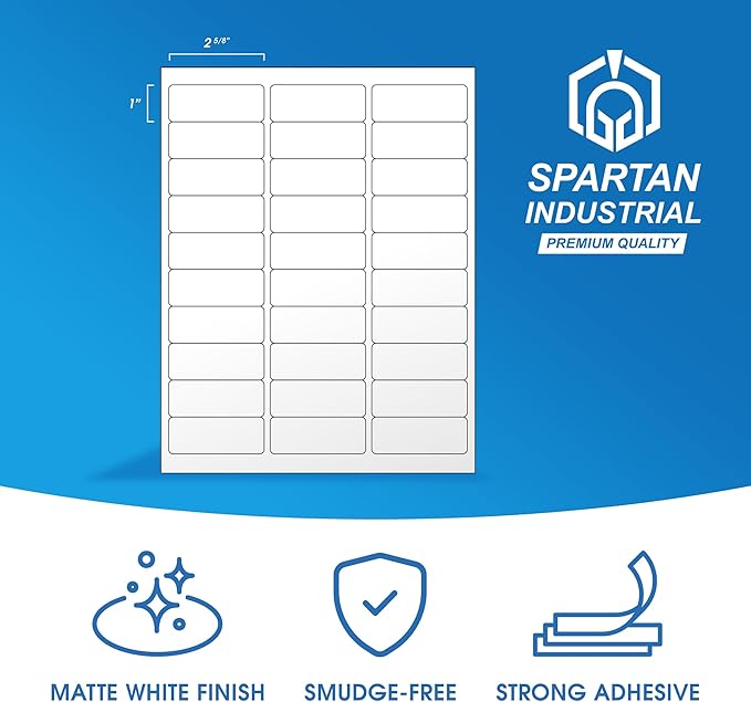 2 5/8" X 1" Matte White Printable Labels for Inkjet and Laser Printers - 30 Sheets, 900 Total Custom Stickers for Address Labels, Mailing, Barcodes - Spartan Industrial Template R007
