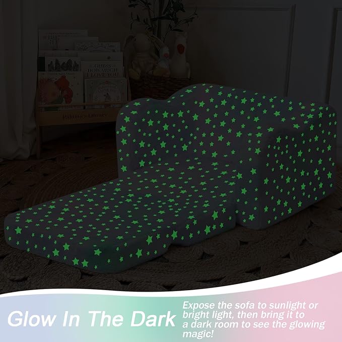 MeMoreCool Folding Toddler Chair, Soft Plush Fold Out Kids Couch Sofa Glow in The Dark, Comfy Baby Recliner for Girls Boys (Blue Galaxy)