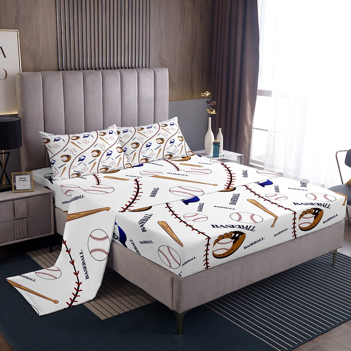 Sports Baseball Bed Sheet Set Baseball Bat and Gloves Hat Decor Bedding Sheets for Kids Boys Fun Sports Bedding Fitted Sheet Ball Competition Games Bed Cover Room 4Pcs Full Size