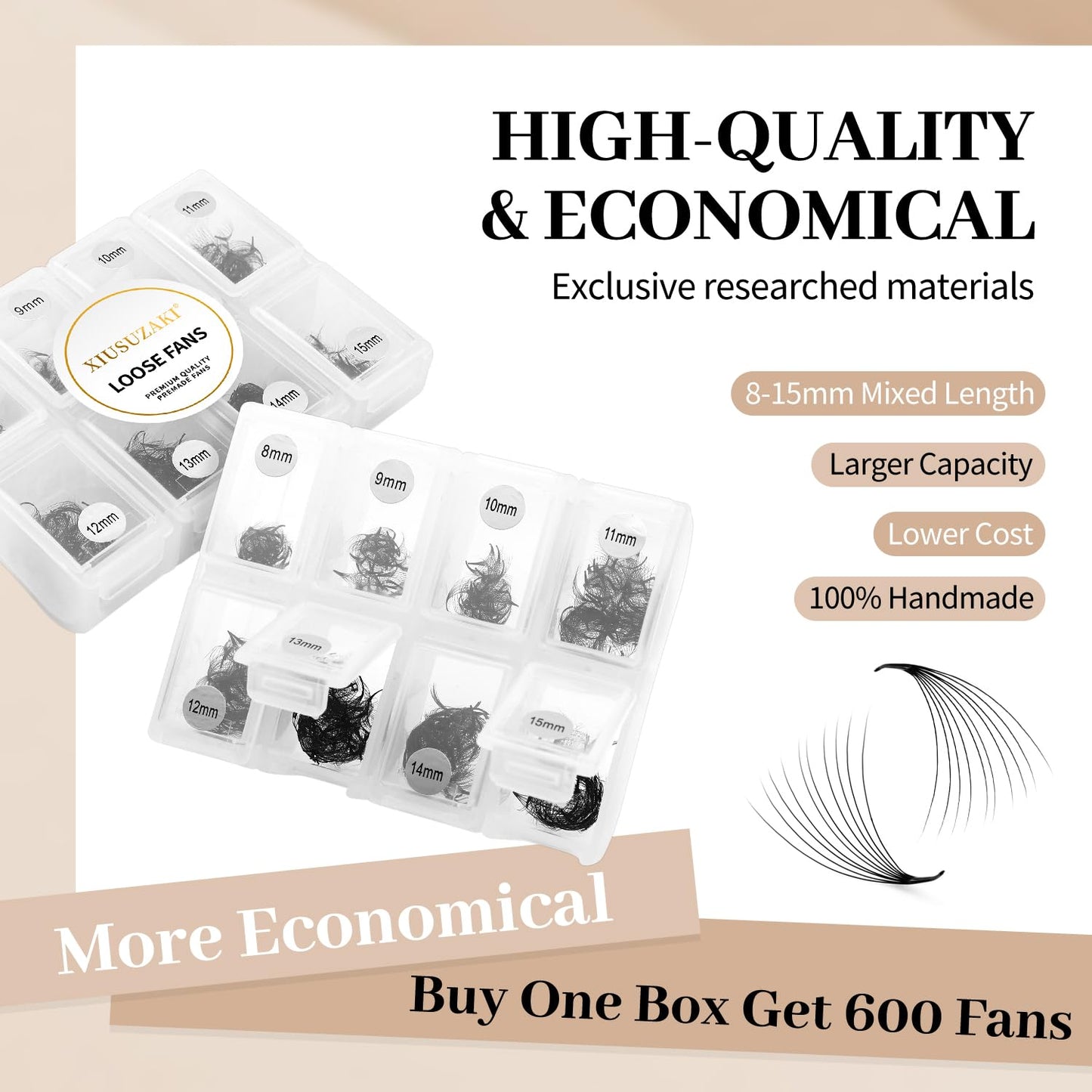 Premade Fans Eyelash Extensions 600 Fans 10D Volume Lash Extensions 0.03 Thickness Eyelash Extension C Curl Premade Lash Fans Mix 8-15mm Fluffy Soft Handmade Loose Fan(600Fans-10D-0.03-C,8-15mm)