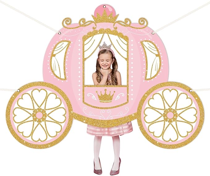 Princess Birthday Party Decorations Princess Carriage Photo Booth Props 63 x 46 in Fabric Backdrop Pink and Gold Door Bann...