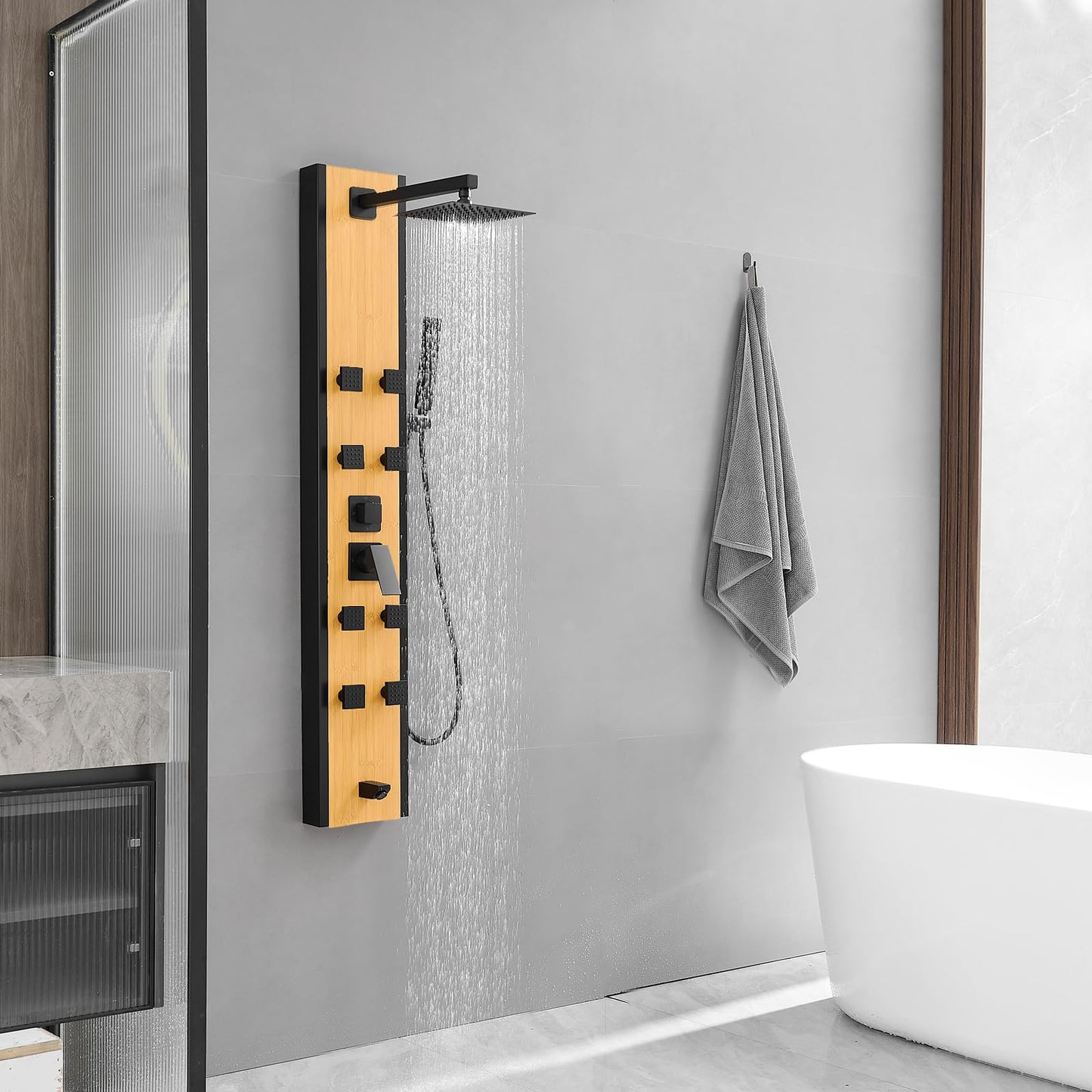 BWE Stainless Steel Shower Panel Tower System 8 Jets Multi-Function Shower Panel System Black and Bamboo Panel with Handheld Wand Wall Mount Shower Column