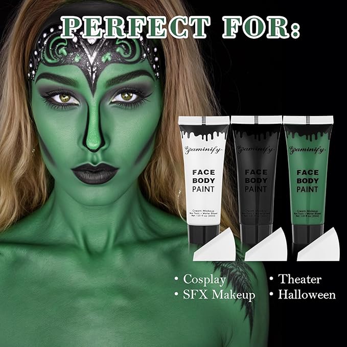 Black White Green Face Body Paint 1.01 oz/pc with 3 Sponges,Dark Green Zombie Face Painting Cosplay Kit, Elphaba Hunting Hulk Halloween SFX Witch Makeup Cream Face Paint,3 oz