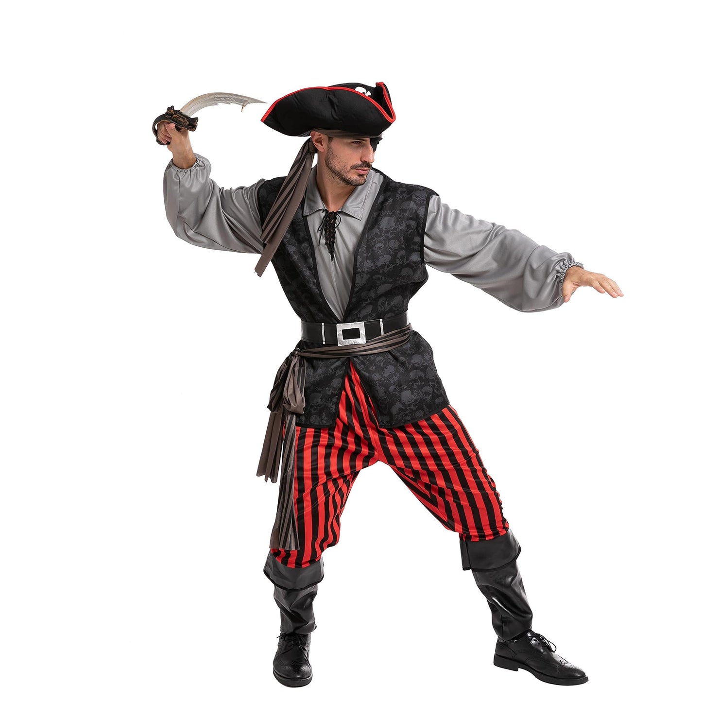 Spooktacular Creations Men Pirate Costume, Adult Grey Pirate Shirt Vest Viking Pants Hat Accessories Set for Halloween Themed Trick or Treating Cosplay Parties (X-Large)