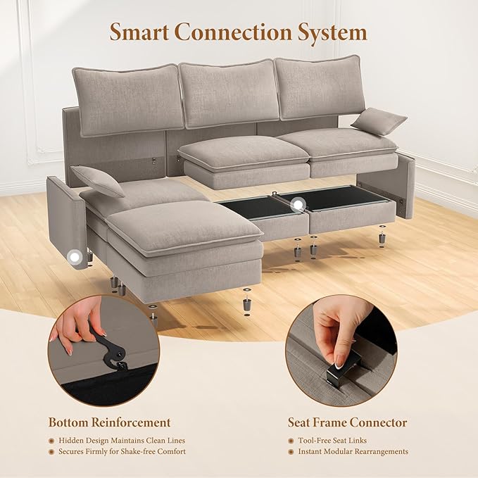 Vesgantti 108" Modular Sectional Sofa, Comfy Cloud Couch with Movable Ottoman Deep Seat Chenille L Shaped Modular Sofa, Sectional Couches for Living Room, Bedroom and Apartment, Light Brown