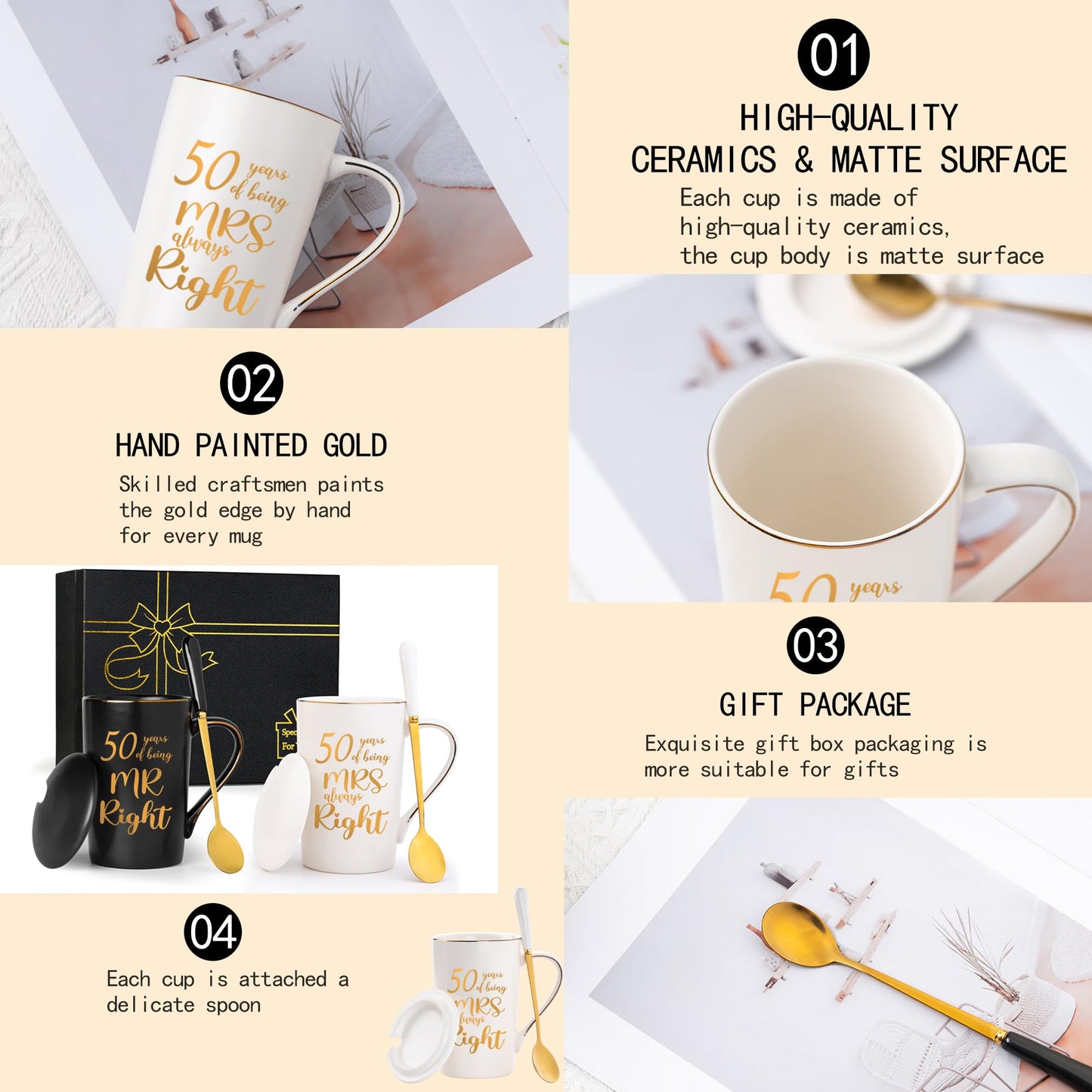50th Wedding Gifts, 50th Anniversary Engagement Gift Ideas, 50 Years of Being Mr & Mrs Always Right Mug Set, Wedding Gifts Ideas for Couple Parents, 14 Oz with Lids and Gift Box