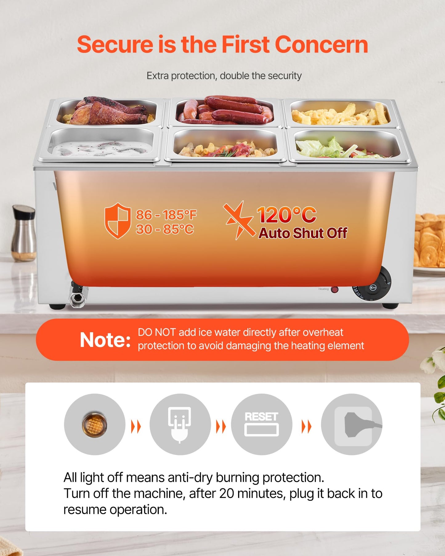 VEVOR 6-Pan Commercial Food Warmer, 24QT Electric Steam Table, 1200W Professional Countertop Stainless Steel Buffet Bain Marie with 86-185°F Temp Control for Catering and Restaurants, Silver
