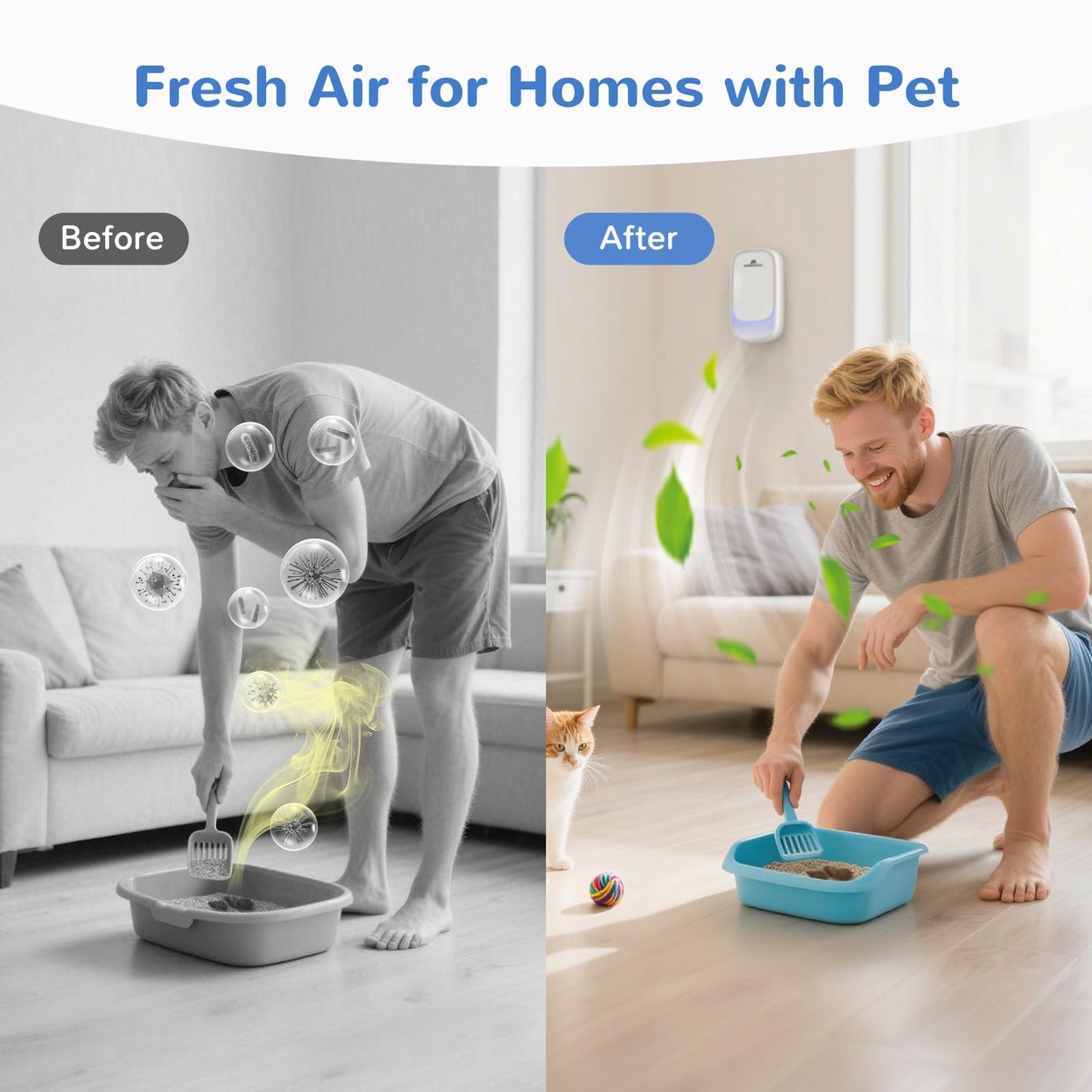 Morrerfresh Cat Litter Deodorizer - 99% Odor Eliminator For Strong Pet Odors, Plug In Negative Ion Air Purifier For Litter Box,