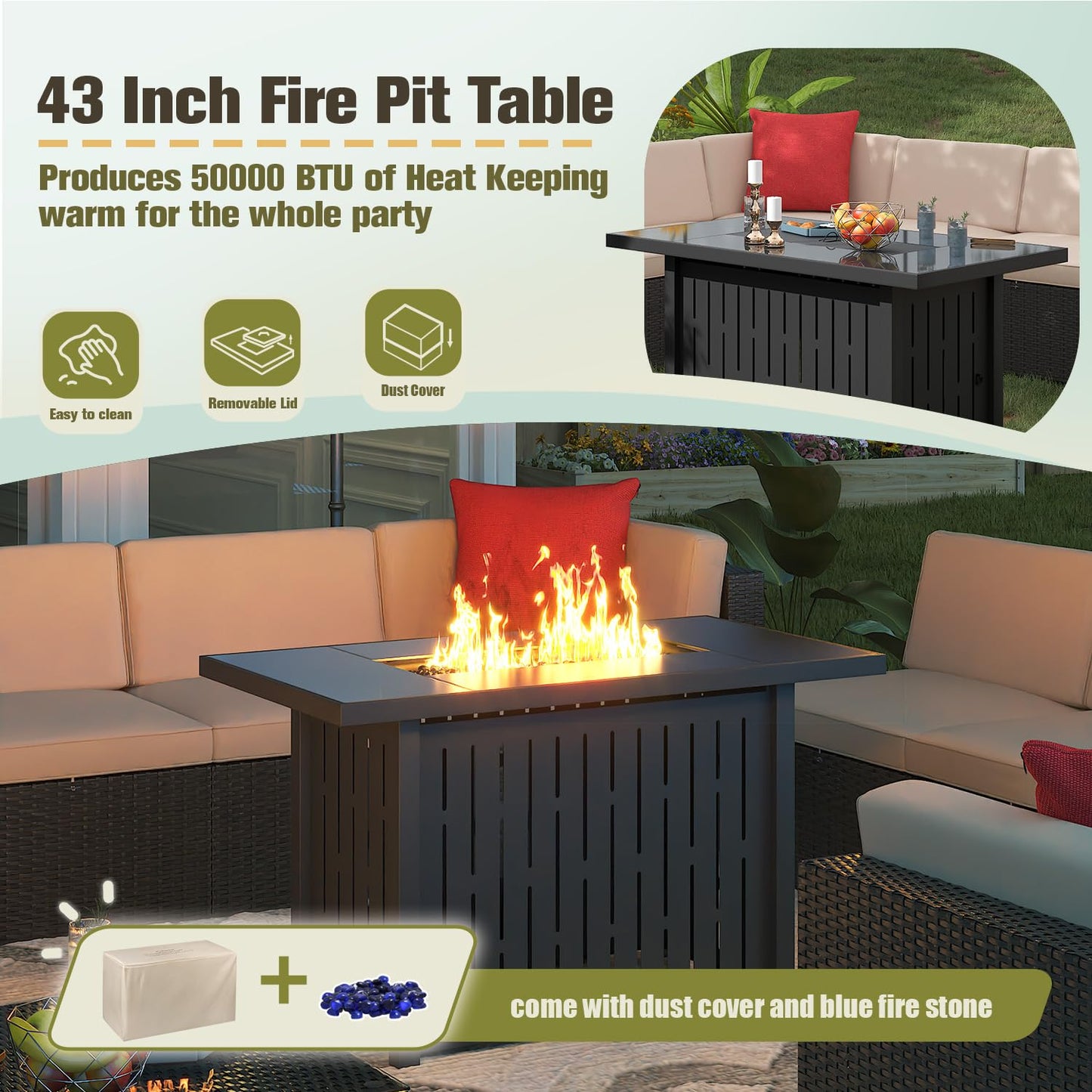 Greesum Patio Furniture 13-Pieces Outdoor PE Rattan Sectional Sofa w/43in Gas Fire Pit Table Sets 55000 BTU Add Warmth to Gatherings Parties On Deck Garden Backyard,Beige