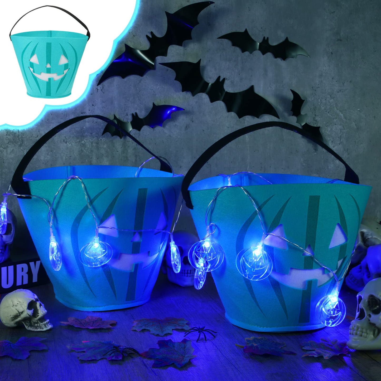 Cindeer 2 Pcs LED Light Halloween Bucket Pumpkin Felt Candy Basket Halloween Pumpkin Candy Bucket Halloween Tote Bags with Jack O Lantern for Halloween Party Favors